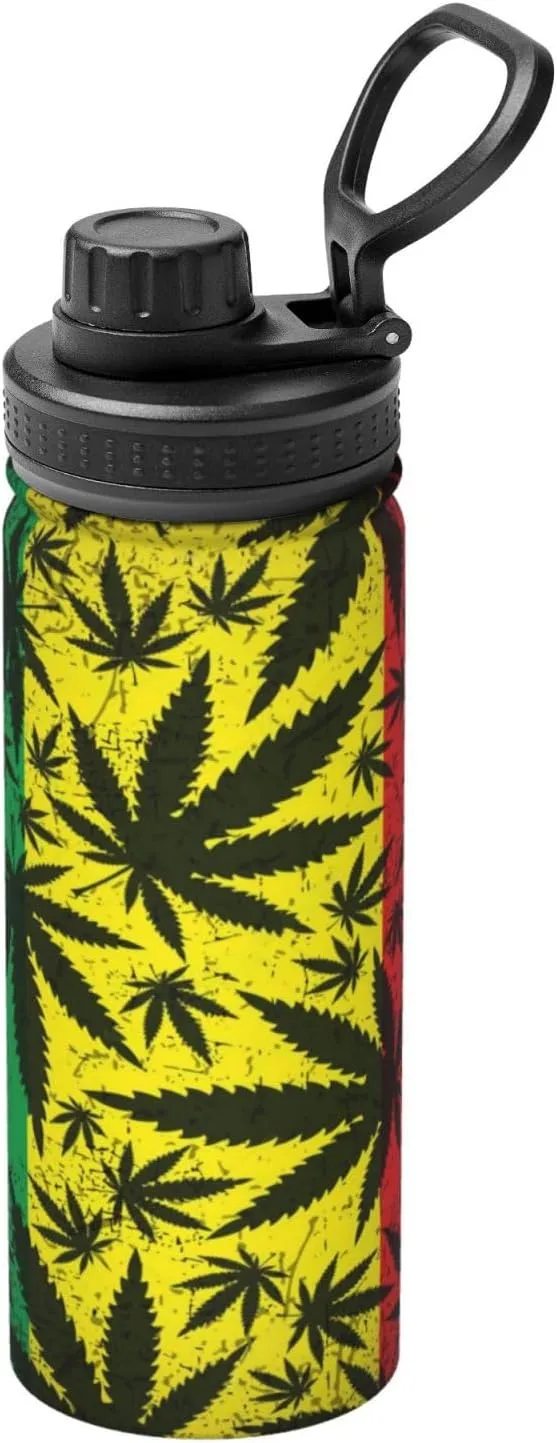 Jamaica Reggae Rasta Marijuana Leaf Weed 18 OZ Sports Insulated Water Bottle Stainless Steel Kettle Novelty Drinking Cup for Outdoor Gym Travel