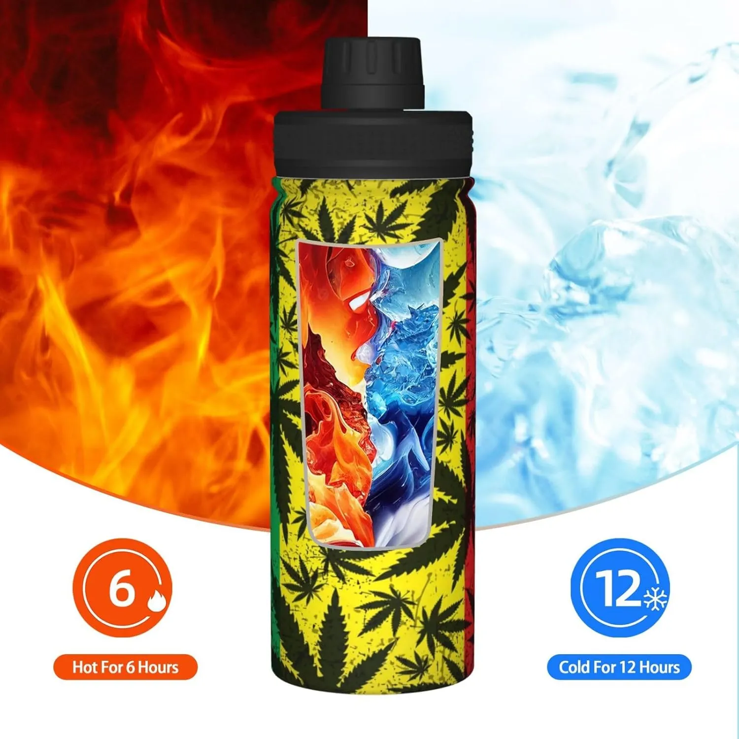 Jamaica Reggae Rasta Marijuana Leaf Weed 18 OZ Sports Insulated Water Bottle Stainless Steel Kettle Novelty Drinking Cup for Outdoor Gym Travel