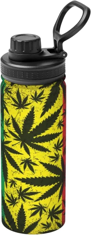 Jamaica Reggae Rasta Marijuana Leaf Weed 18 OZ Sports Insulated Water Bottle Stainless Steel Kettle Novelty Drinking Cup for Outdoor Gym Travel