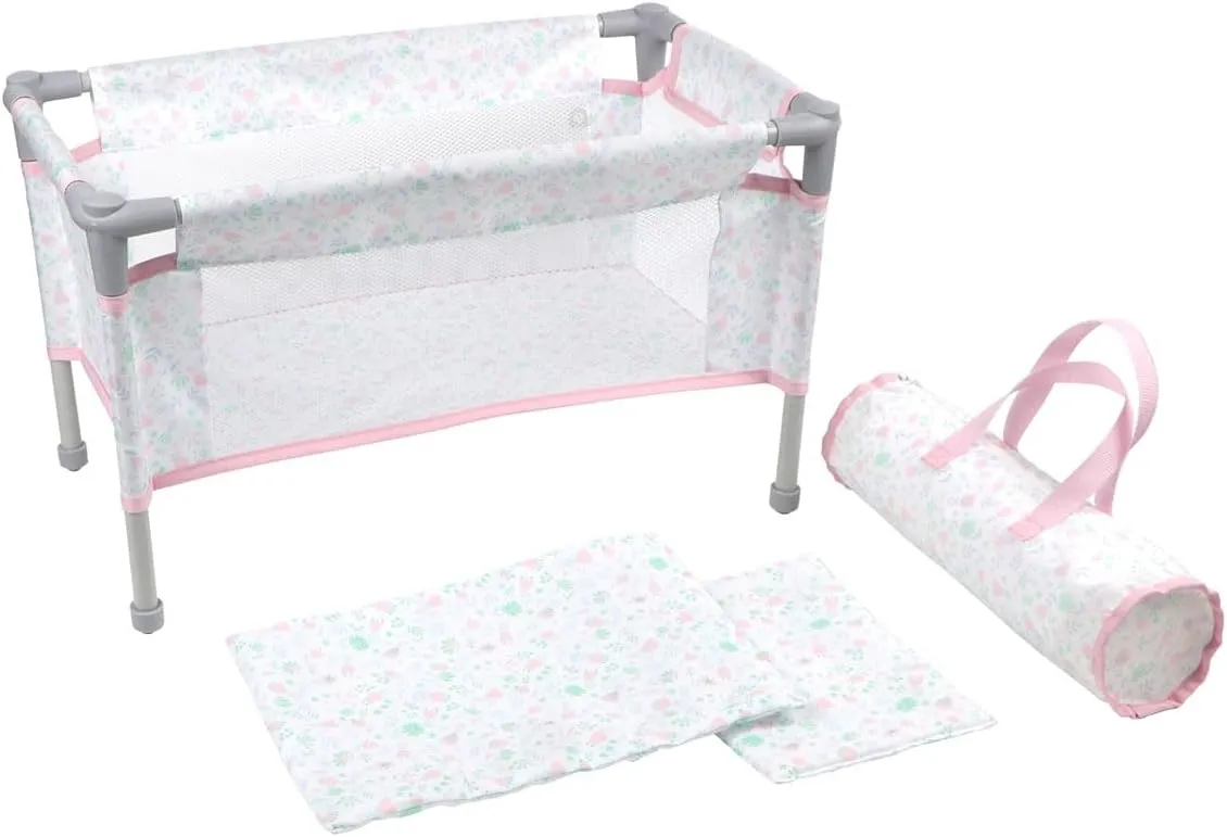 JC Toys - Berenguer Boutique | Travel Folding Crib - Playpen with Accessories | Pink Floral Collection | for Dolls up to 18" | Ages 3 