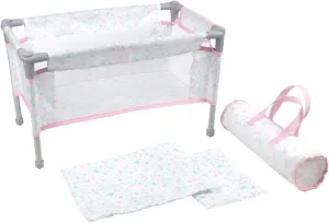 JC Toys - Berenguer Boutique | Travel Folding Crib - Playpen with Accessories | Pink Floral Collection | for Dolls up to 18" | Ages 3 