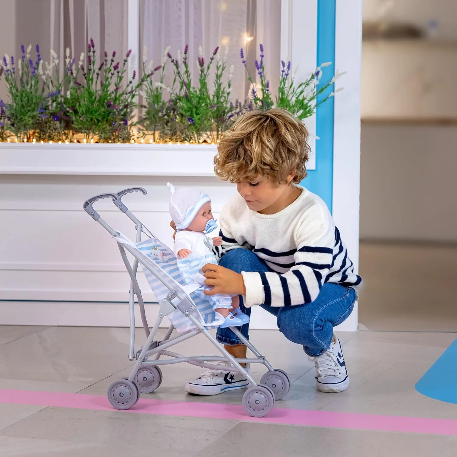 JC Toys Boutique | Folding Umbrella Doll Stroller for Children 2 Years Plus, Blue Stripes and Soft Embroidery | Sturdy Metal Frame | Pretend Play with Dolls up to 18” Long | Seat Belt