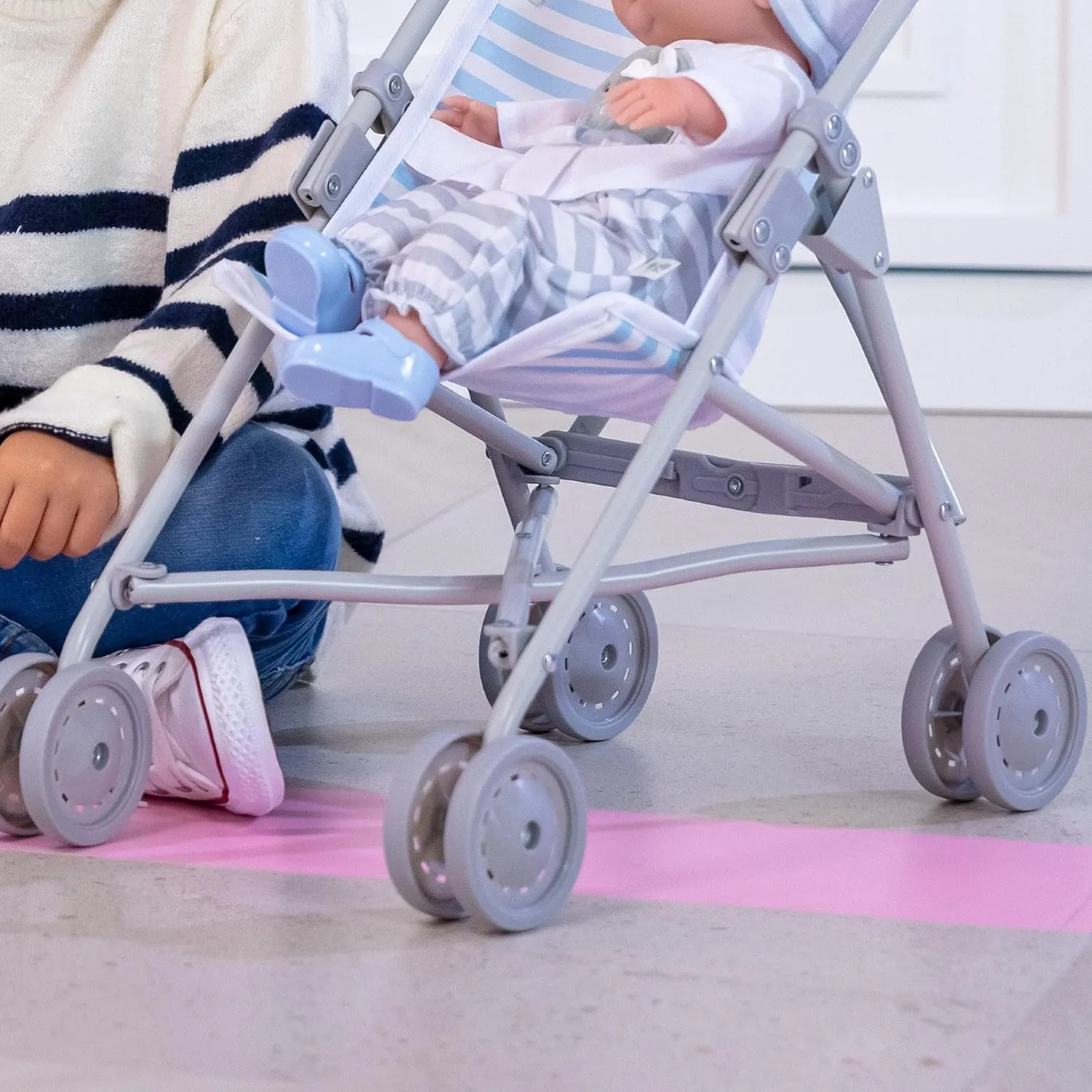 JC Toys Boutique | Folding Umbrella Doll Stroller for Children 2 Years Plus, Blue Stripes and Soft Embroidery | Sturdy Metal Frame | Pretend Play with Dolls up to 18” Long | Seat Belt