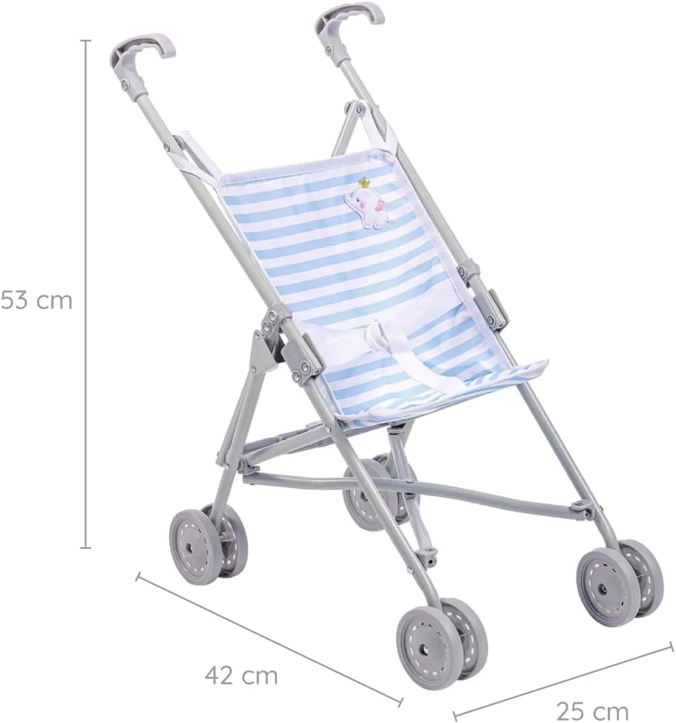 JC Toys Boutique | Folding Umbrella Doll Stroller for Children 2 Years Plus, Blue Stripes and Soft Embroidery | Sturdy Metal Frame | Pretend Play with Dolls up to 18” Long | Seat Belt
