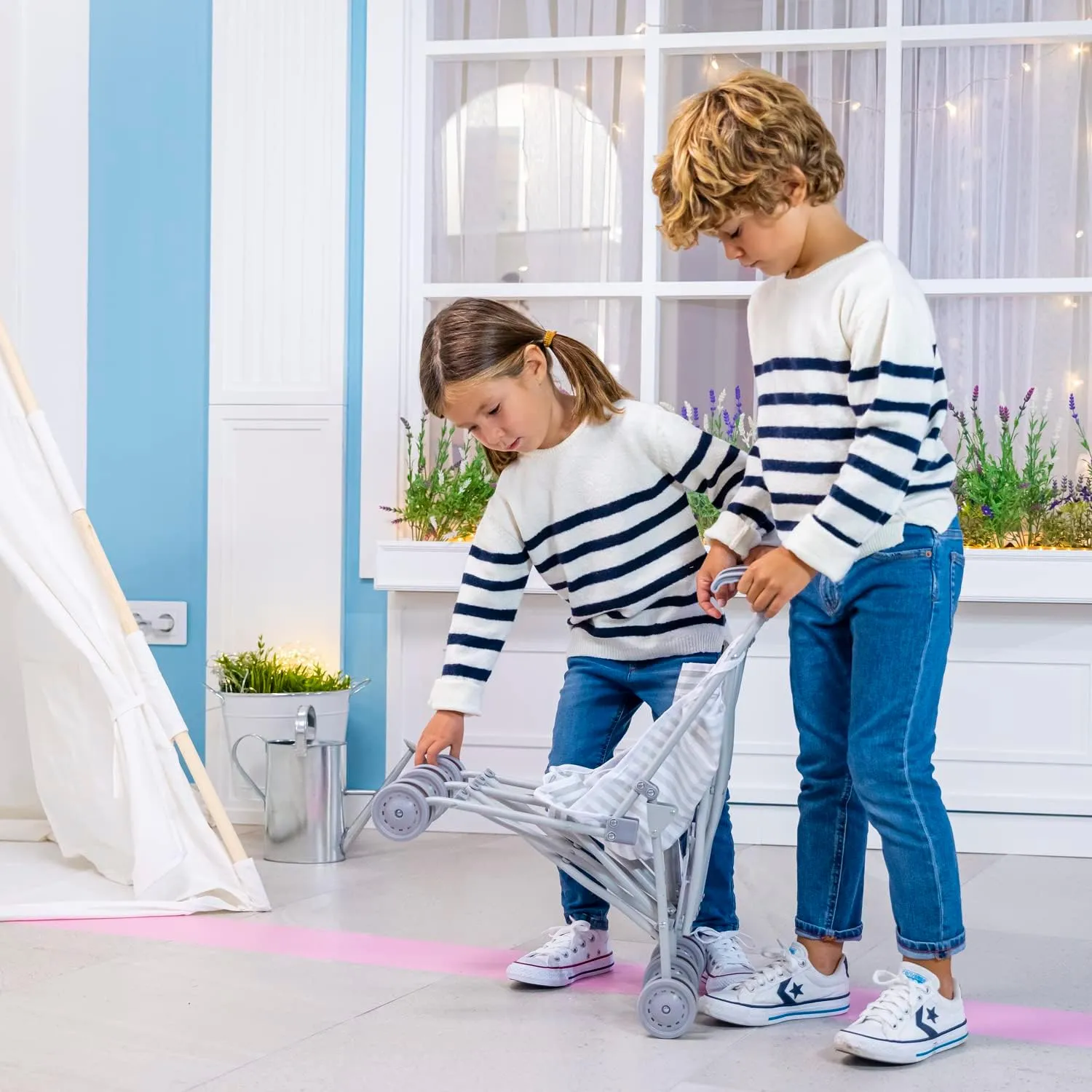 JC Toys Boutique | Folding Umbrella Doll Stroller for Children 2 Years Plus, Blue Stripes and Soft Embroidery | Sturdy Metal Frame | Pretend Play with Dolls up to 18” Long | Seat Belt