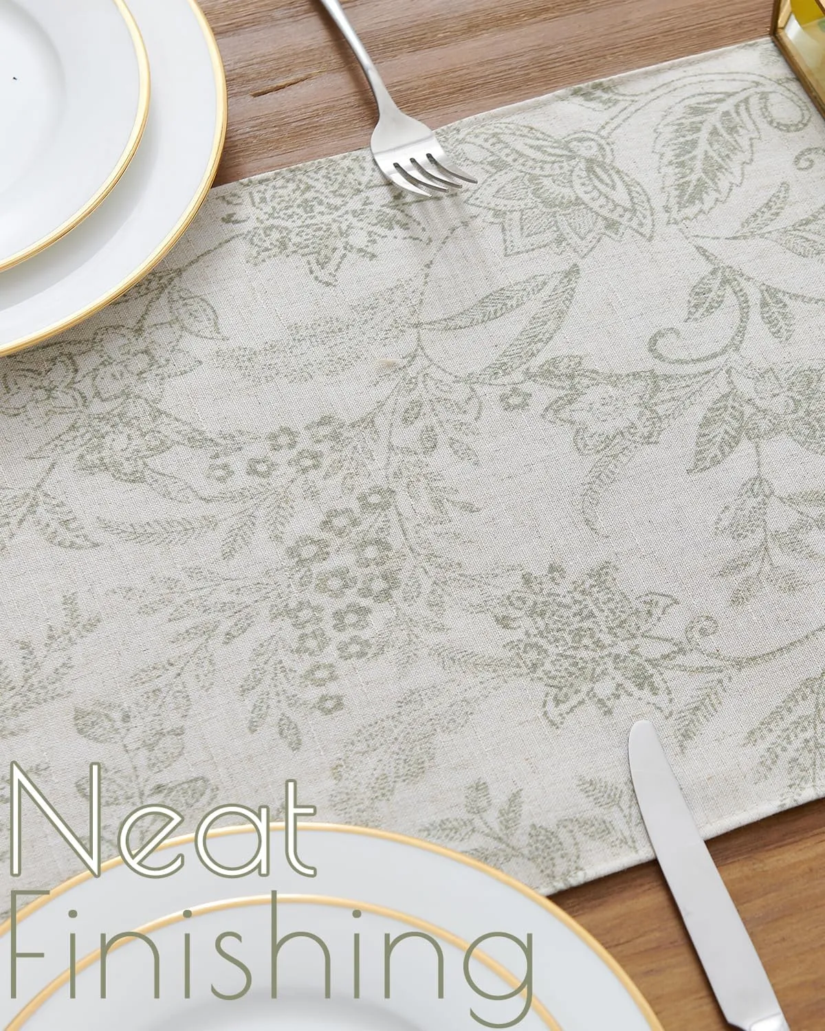 JINCHAN Spring Table Runner Linen Farmhouse Table Cloth Green Floral Decorative Table Runners 72 Inch Botanic Printed Burlap Handcrafted Flax Coffee Table Decor 1 Panel Sage Green on Beige