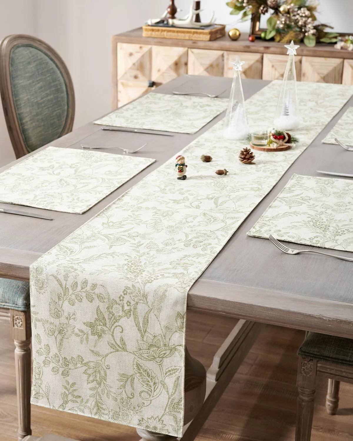 JINCHAN Spring Table Runner Linen Farmhouse Table Cloth Green Floral Decorative Table Runners 72 Inch Botanic Printed Burlap Handcrafted Flax Coffee Table Decor 1 Panel Sage Green on Beige
