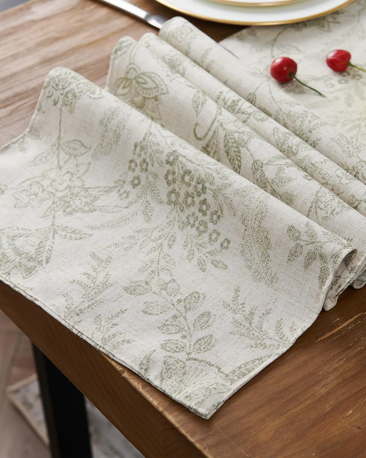JINCHAN Spring Table Runner Linen Farmhouse Table Cloth Green Floral Decorative Table Runners 72 Inch Botanic Printed Burlap Handcrafted Flax Coffee Table Decor 1 Panel Sage Green on Beige