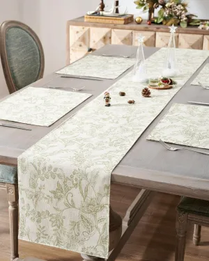 JINCHAN Spring Table Runner Linen Farmhouse Table Cloth Green Floral Decorative Table Runners 72 Inch Botanic Printed Burlap Handcrafted Flax Coffee Table Decor 1 Panel Sage Green on Beige