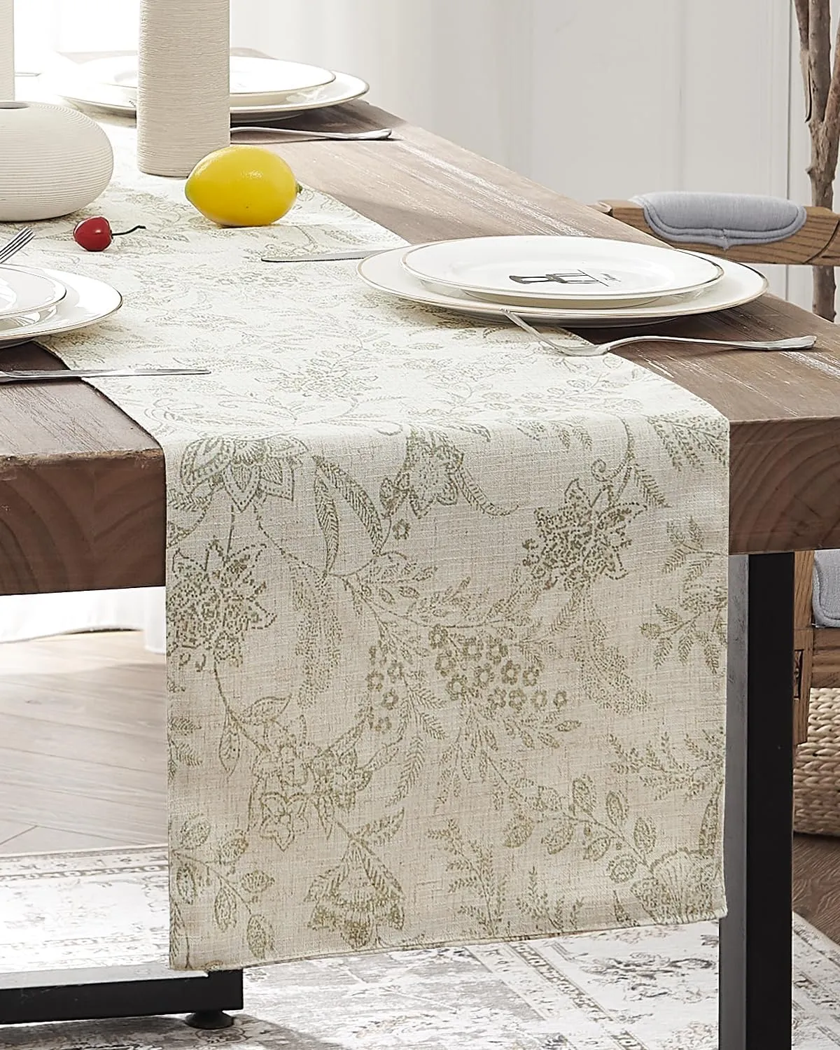 JINCHAN Spring Table Runner Linen Farmhouse Table Cloth Green Floral Decorative Table Runners 72 Inch Botanic Printed Burlap Handcrafted Flax Coffee Table Decor 1 Panel Sage Green on Beige