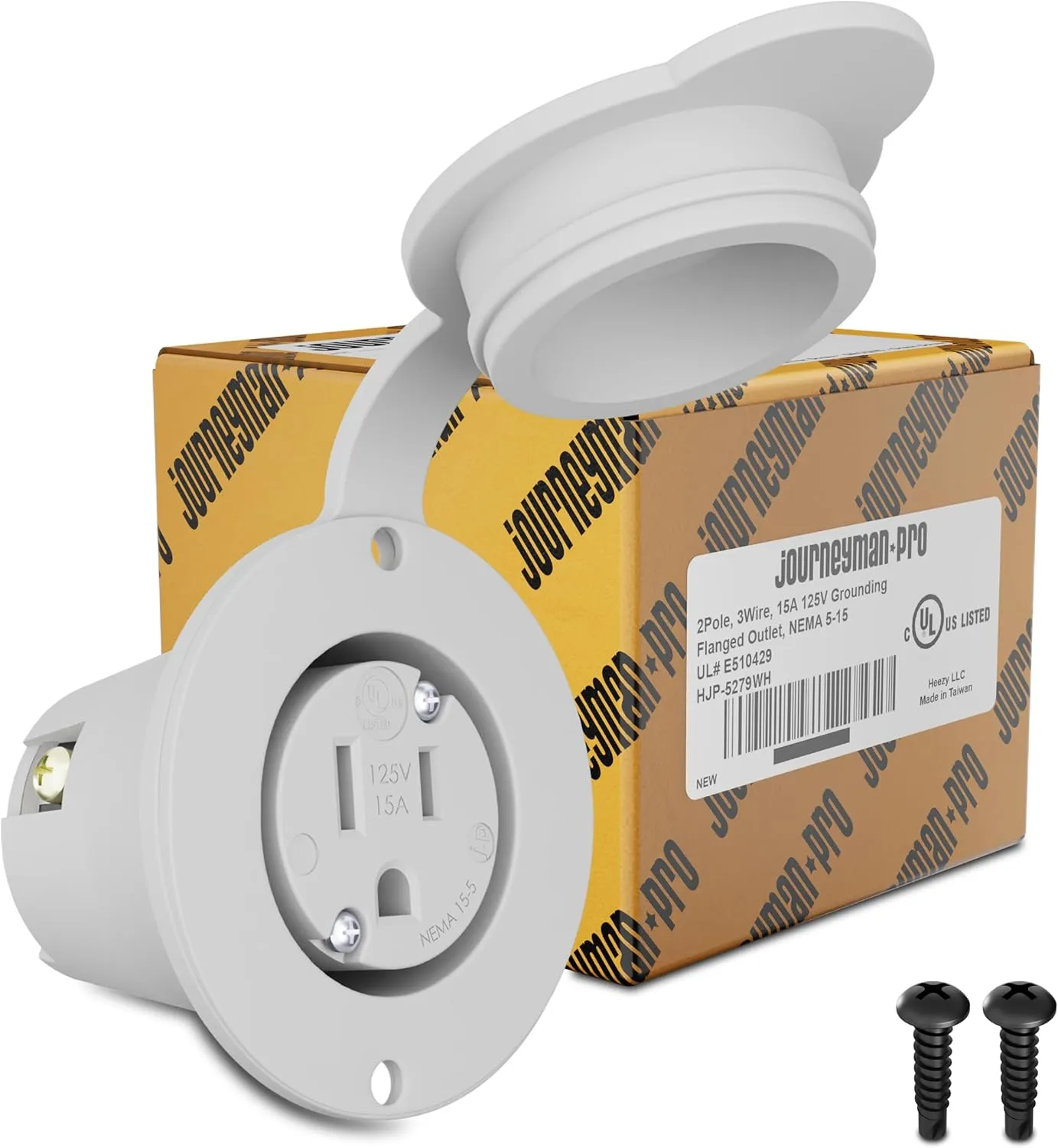 Journeyman-Pro 5279 15 Amp 120-125 Volt, NEMA 5-15 Flanged Outlet, White Commercial Grade, 2 Pole-3 Wire, Straight Blade Plug Charger Receptacle (w/Front Cover)