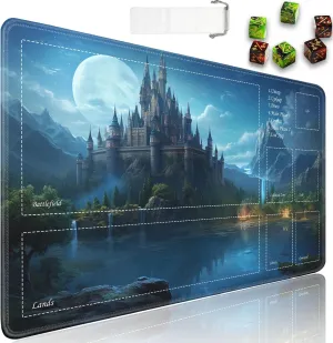 JVGFYNKL for TCG Playmat, Playmat with Zones, 24x14 in Non-Slip Rubber for MTG Playmat with Drawstring Travel Pouch and 6 Dice, Castle Forest for MTG Mat, Card Game Playmats