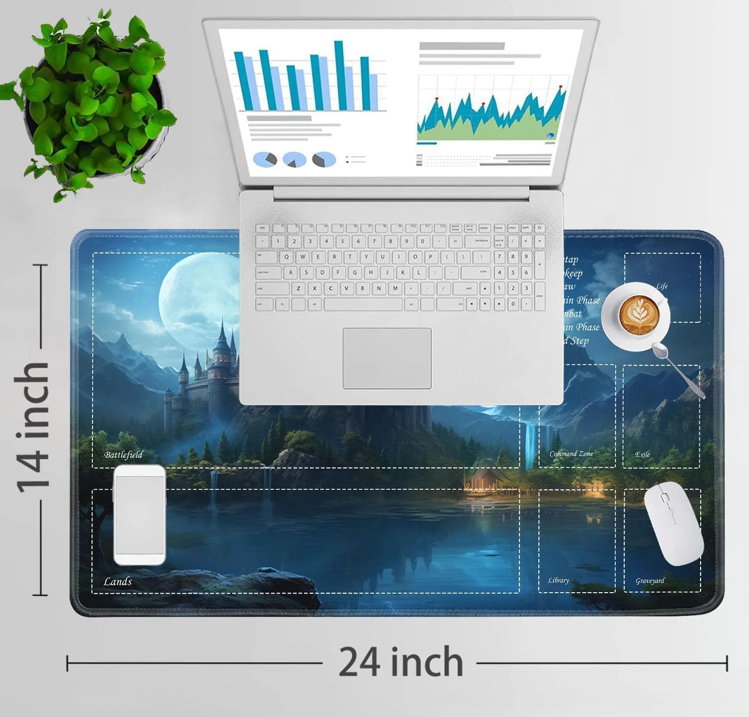 JVGFYNKL for TCG Playmat, Playmat with Zones, 24x14 in Non-Slip Rubber for MTG Playmat with Drawstring Travel Pouch and 6 Dice, Castle Forest for MTG Mat, Card Game Playmats