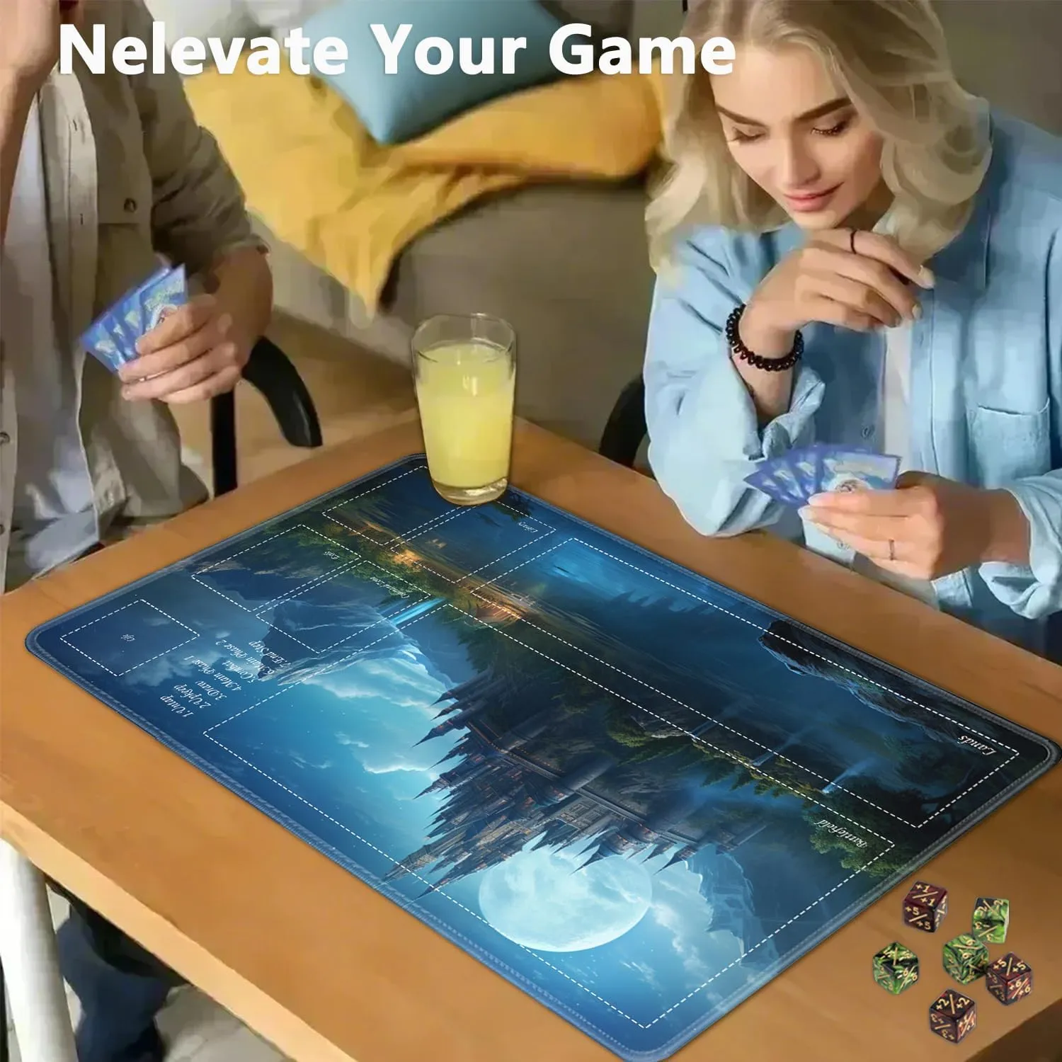 JVGFYNKL for TCG Playmat, Playmat with Zones, 24x14 in Non-Slip Rubber for MTG Playmat with Drawstring Travel Pouch and 6 Dice, Castle Forest for MTG Mat, Card Game Playmats