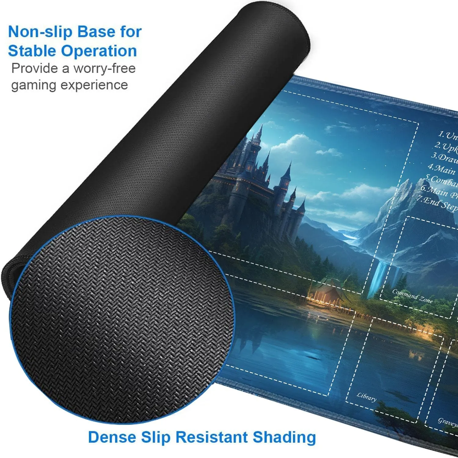 JVGFYNKL for TCG Playmat, Playmat with Zones, 24x14 in Non-Slip Rubber for MTG Playmat with Drawstring Travel Pouch and 6 Dice, Castle Forest for MTG Mat, Card Game Playmats