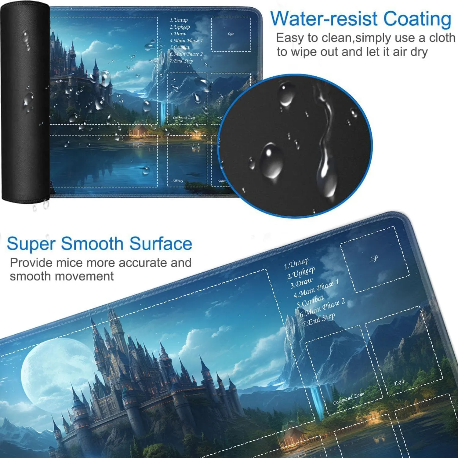 JVGFYNKL for TCG Playmat, Playmat with Zones, 24x14 in Non-Slip Rubber for MTG Playmat with Drawstring Travel Pouch and 6 Dice, Castle Forest for MTG Mat, Card Game Playmats