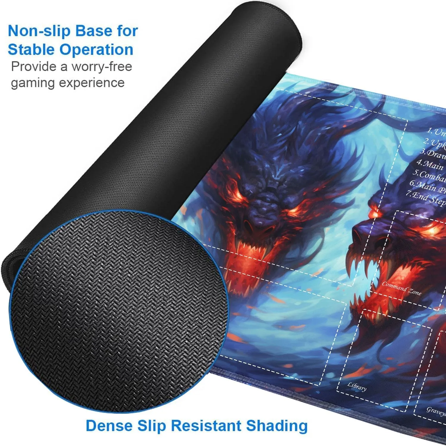 JVGFYNKL for TCG Playmat, Playmat with Zones, 24x14 in Non-Slip Rubber for MTG Playmat with Drawstring Travel Pouch and 6 Dice, Headed Dragon for MTG Mat, Card Game Playmats