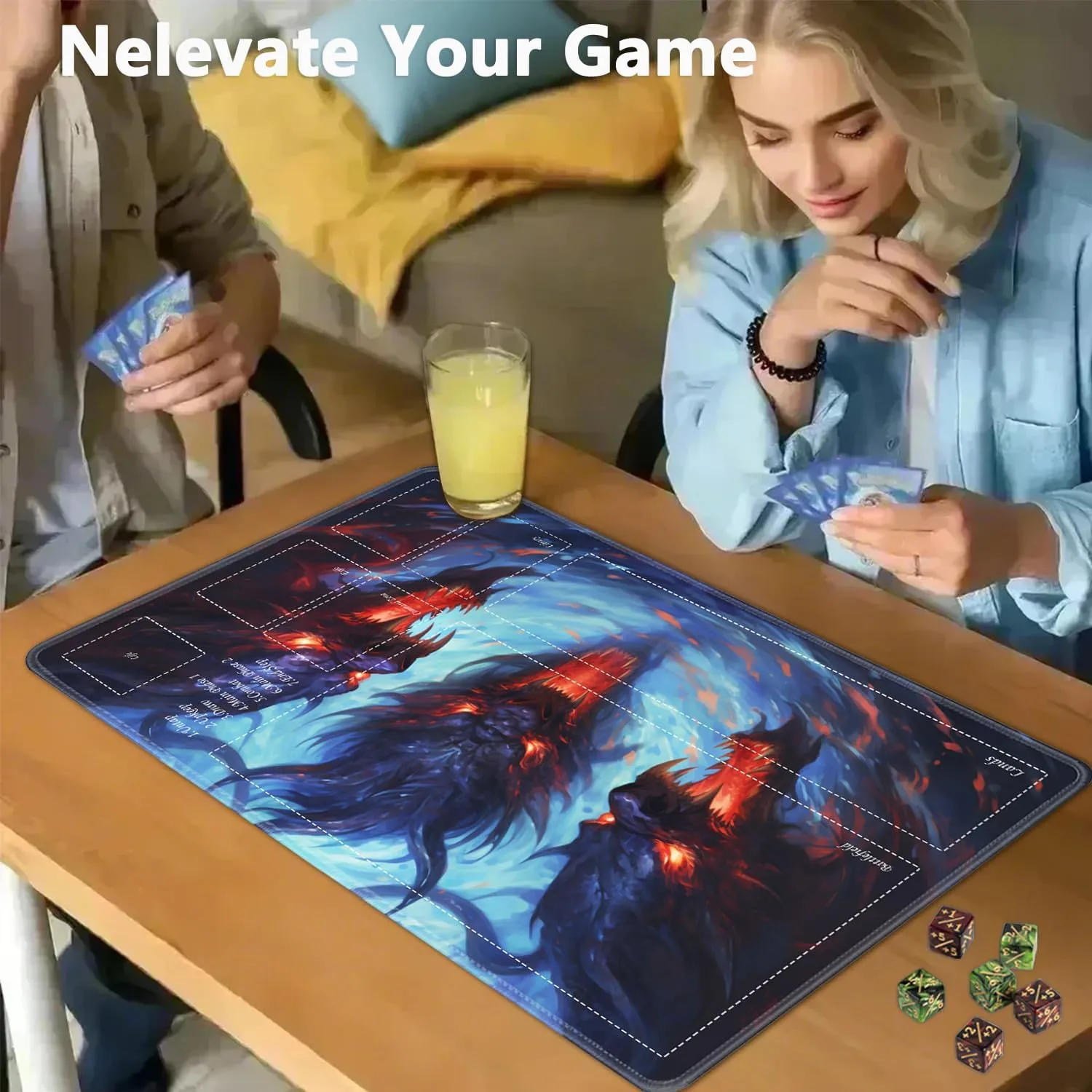 JVGFYNKL for TCG Playmat, Playmat with Zones, 24x14 in Non-Slip Rubber for MTG Playmat with Drawstring Travel Pouch and 6 Dice, Headed Dragon for MTG Mat, Card Game Playmats