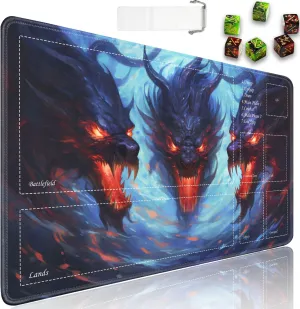 JVGFYNKL for TCG Playmat, Playmat with Zones, 24x14 in Non-Slip Rubber for MTG Playmat with Drawstring Travel Pouch and 6 Dice, Headed Dragon for MTG Mat, Card Game Playmats