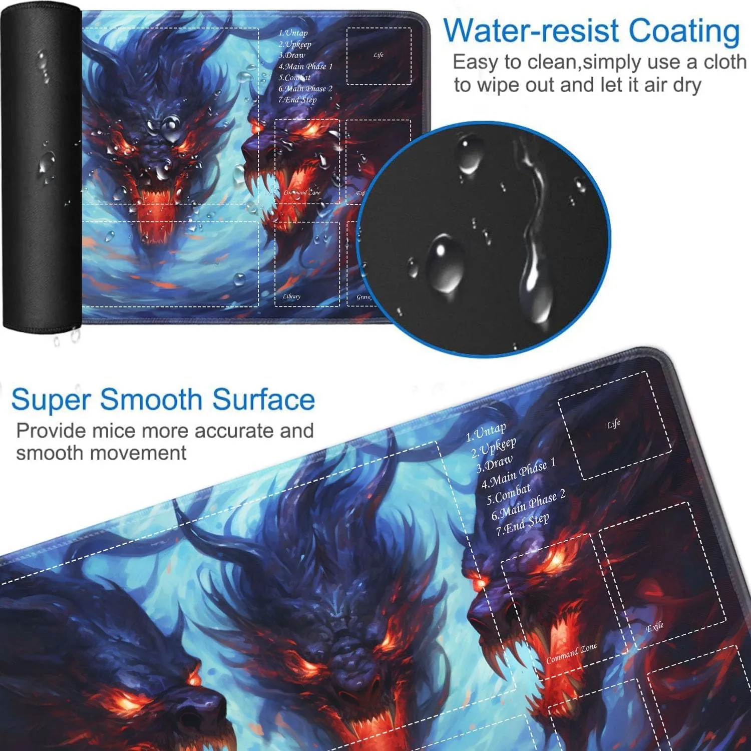 JVGFYNKL for TCG Playmat, Playmat with Zones, 24x14 in Non-Slip Rubber for MTG Playmat with Drawstring Travel Pouch and 6 Dice, Headed Dragon for MTG Mat, Card Game Playmats