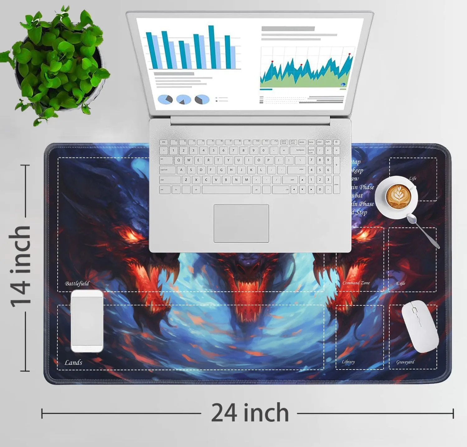 JVGFYNKL for TCG Playmat, Playmat with Zones, 24x14 in Non-Slip Rubber for MTG Playmat with Drawstring Travel Pouch and 6 Dice, Headed Dragon for MTG Mat, Card Game Playmats