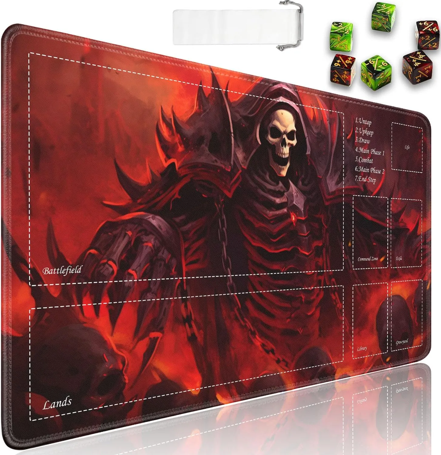 JVGFYNKL for TCG Playmat, Playmat with Zones, 24x14 in Non-Slip Rubber for MTG Playmat with Drawstring Travel Pouch and 6 Dice, King of Skeletons for MTG Mat, Card Game Playmats