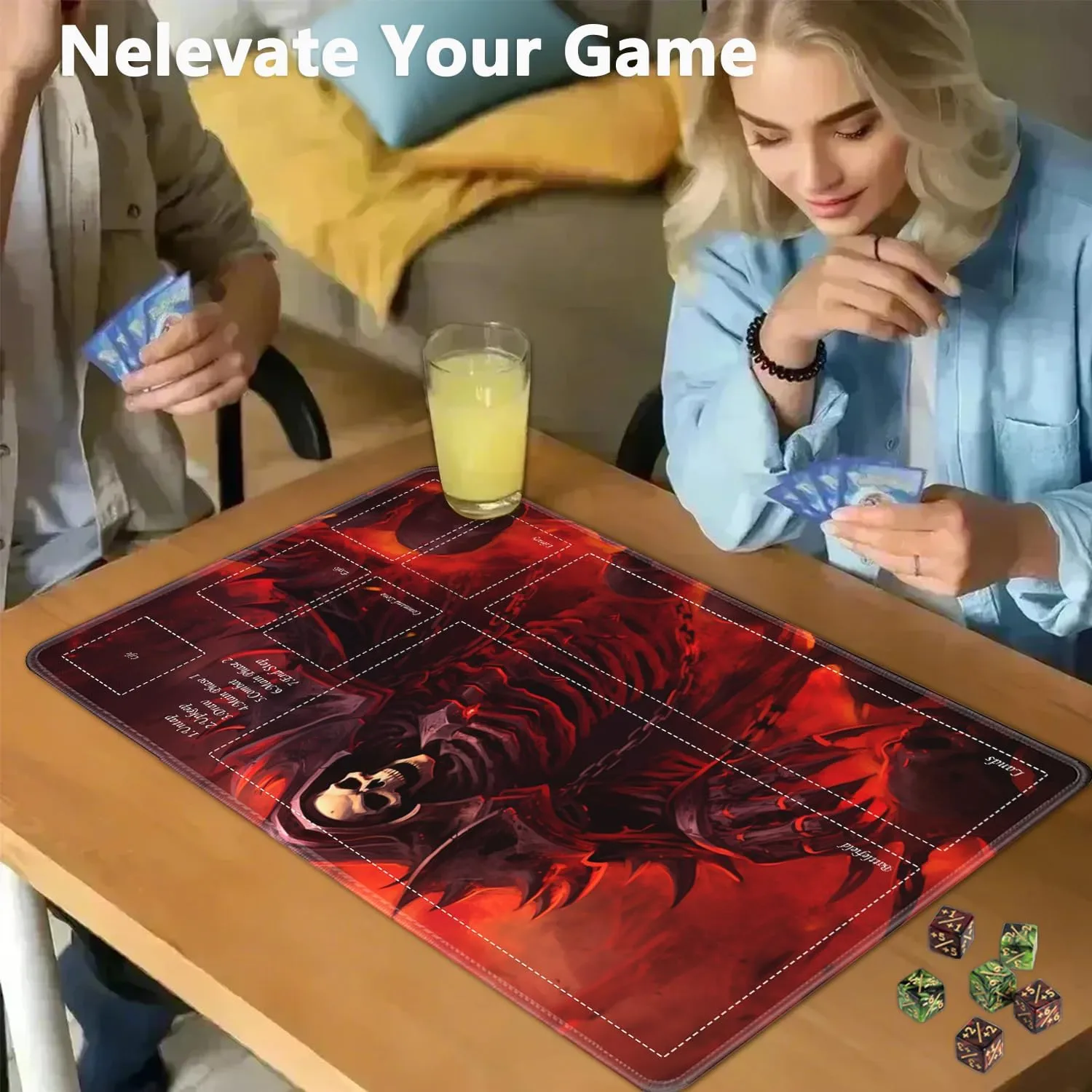 JVGFYNKL for TCG Playmat, Playmat with Zones, 24x14 in Non-Slip Rubber for MTG Playmat with Drawstring Travel Pouch and 6 Dice, King of Skeletons for MTG Mat, Card Game Playmats