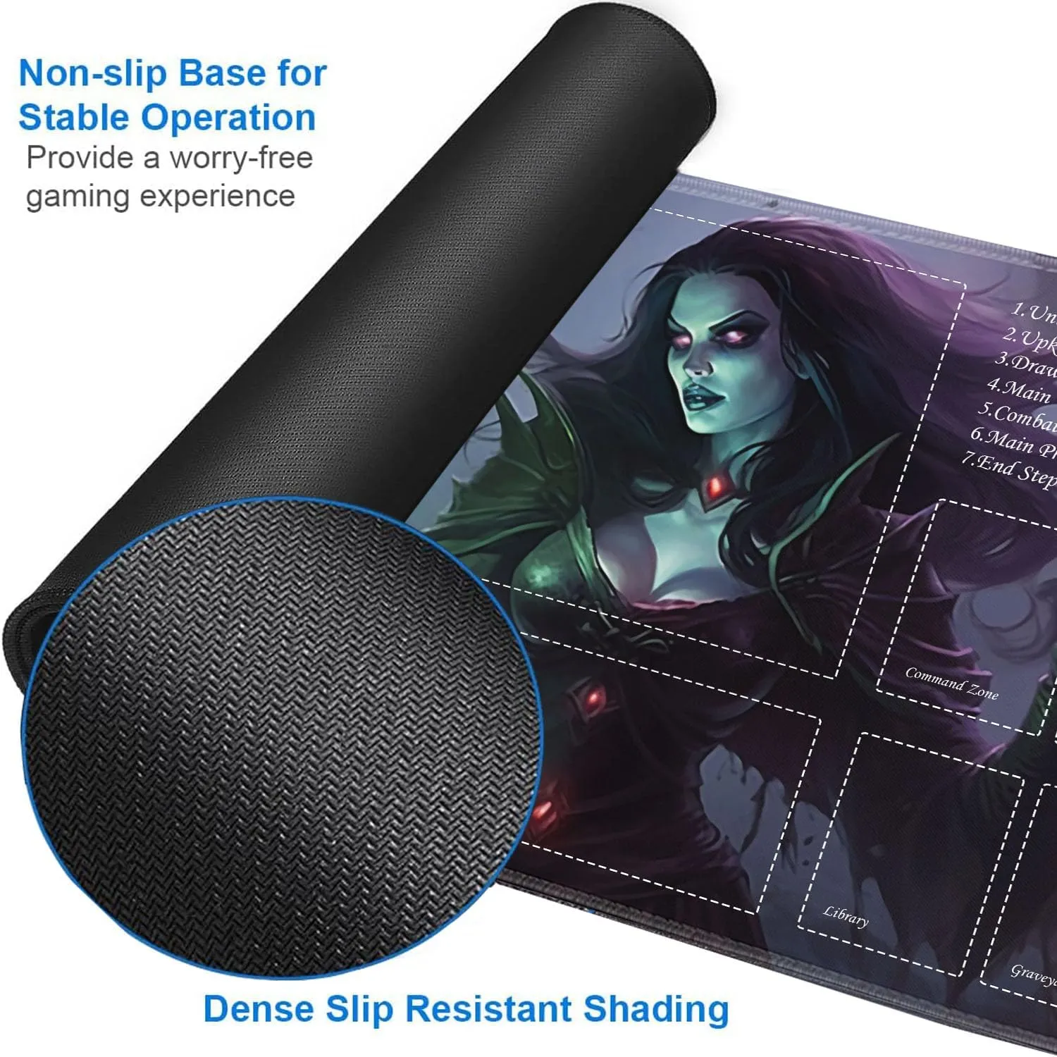 JVGFYNKL for TCG Playmat, Playmat with Zones, 24x14 in Non-Slip Rubber for MTG Playmat with Drawstring Travel Pouch and 6 Dice, Necromancer for MTG Mat, Card Game Playmats