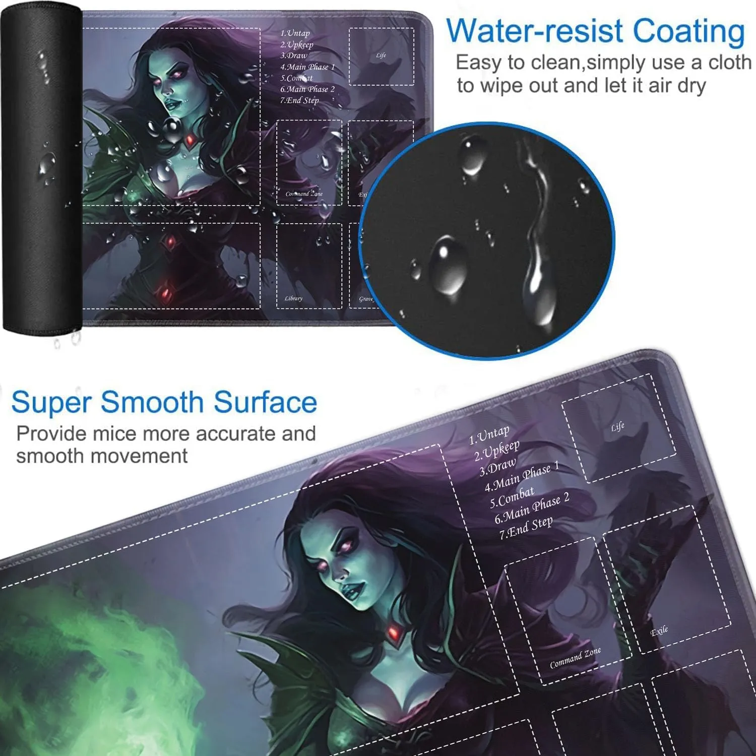 JVGFYNKL for TCG Playmat, Playmat with Zones, 24x14 in Non-Slip Rubber for MTG Playmat with Drawstring Travel Pouch and 6 Dice, Necromancer for MTG Mat, Card Game Playmats