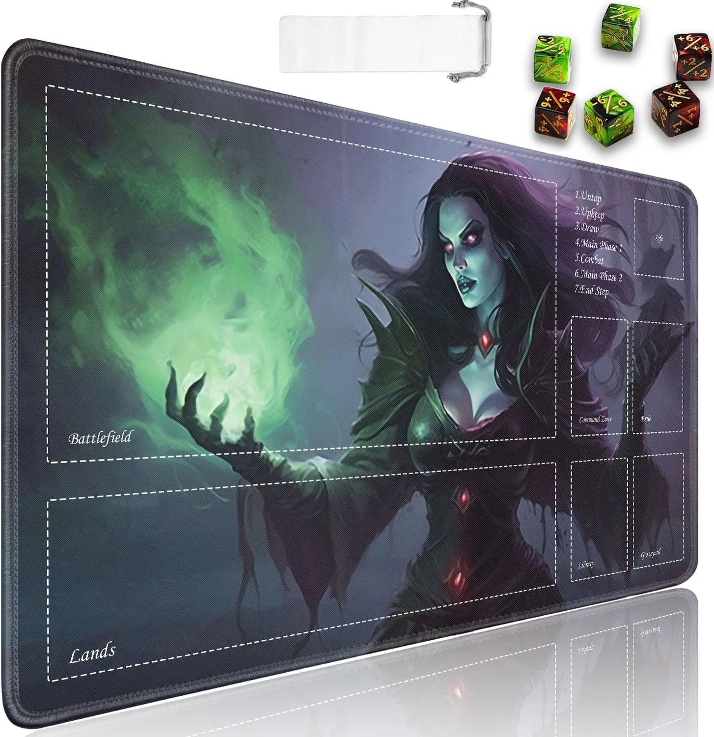 JVGFYNKL for TCG Playmat, Playmat with Zones, 24x14 in Non-Slip Rubber for MTG Playmat with Drawstring Travel Pouch and 6 Dice, Necromancer for MTG Mat, Card Game Playmats