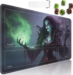 JVGFYNKL for TCG Playmat, Playmat with Zones, 24x14 in Non-Slip Rubber for MTG Playmat with Drawstring Travel Pouch and 6 Dice, Necromancer for MTG Mat, Card Game Playmats