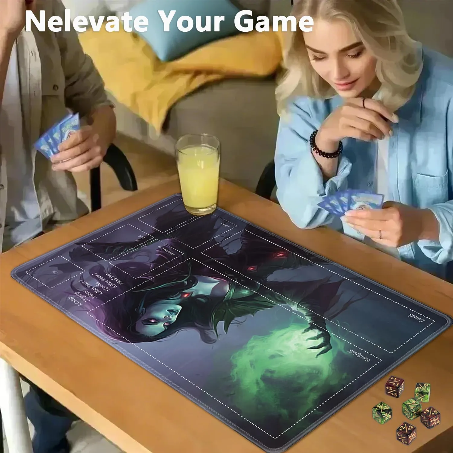 JVGFYNKL for TCG Playmat, Playmat with Zones, 24x14 in Non-Slip Rubber for MTG Playmat with Drawstring Travel Pouch and 6 Dice, Necromancer for MTG Mat, Card Game Playmats