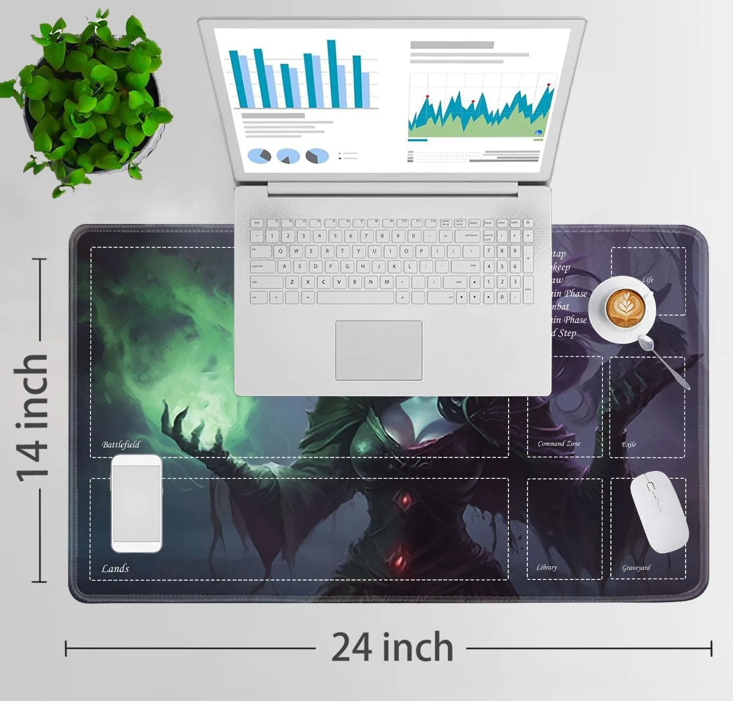 JVGFYNKL for TCG Playmat, Playmat with Zones, 24x14 in Non-Slip Rubber for MTG Playmat with Drawstring Travel Pouch and 6 Dice, Necromancer for MTG Mat, Card Game Playmats