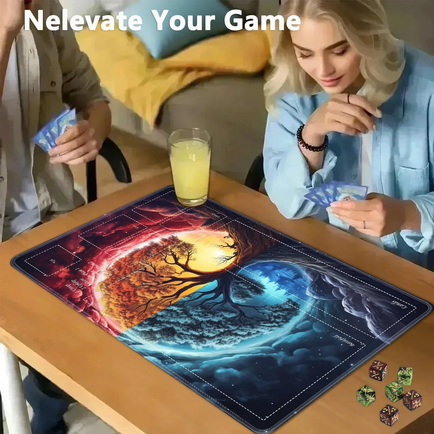 JVGFYNKL for TCG Playmat, Playmat with Zones, 24x14 in Non-Slip Rubber for MTG Playmat with Drawstring Travel Pouch and 6 Dice, Space Fantasy Tree of Life for MTG Mat, Card Game Playmats