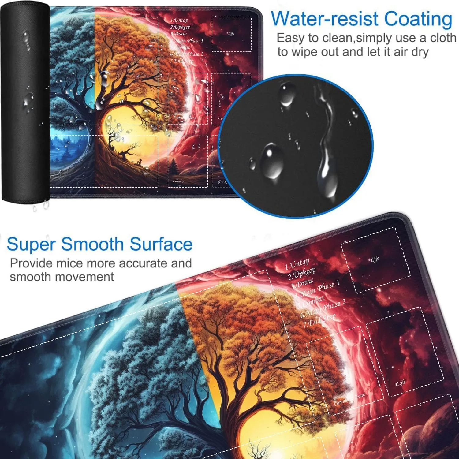 JVGFYNKL for TCG Playmat, Playmat with Zones, 24x14 in Non-Slip Rubber for MTG Playmat with Drawstring Travel Pouch and 6 Dice, Space Fantasy Tree of Life for MTG Mat, Card Game Playmats