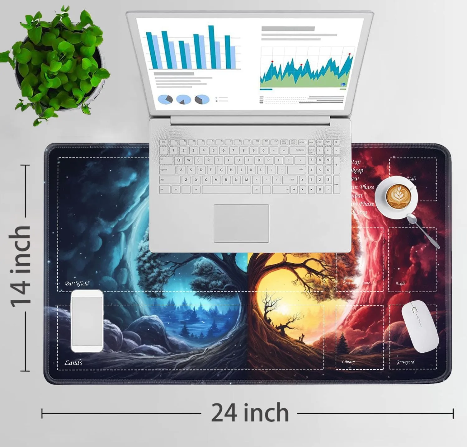 JVGFYNKL for TCG Playmat, Playmat with Zones, 24x14 in Non-Slip Rubber for MTG Playmat with Drawstring Travel Pouch and 6 Dice, Space Fantasy Tree of Life for MTG Mat, Card Game Playmats