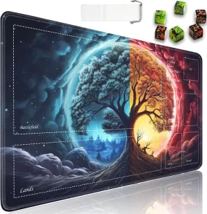 JVGFYNKL for TCG Playmat, Playmat with Zones, 24x14 in Non-Slip Rubber for MTG Playmat with Drawstring Travel Pouch and 6 Dice, Space Fantasy Tree of Life for MTG Mat, Card Game Playmats