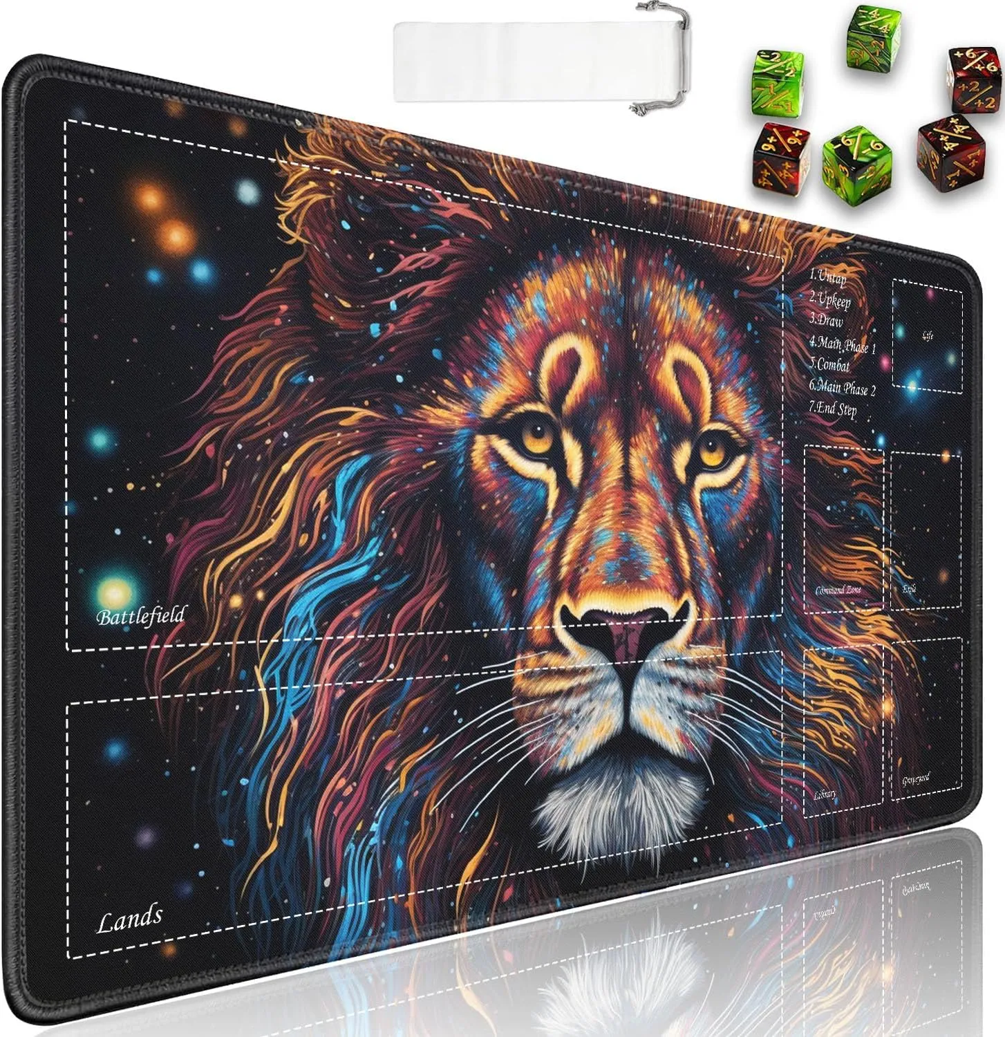 JVGFYNKL for TCG Playmat, Playmat with Zones, 24x14 in Non-Slip Rubber for MTG Playmat with Drawstring Travel Pouch and 6 Dice, Splash Paint Lion for MTG Mat, Card Game Playmats