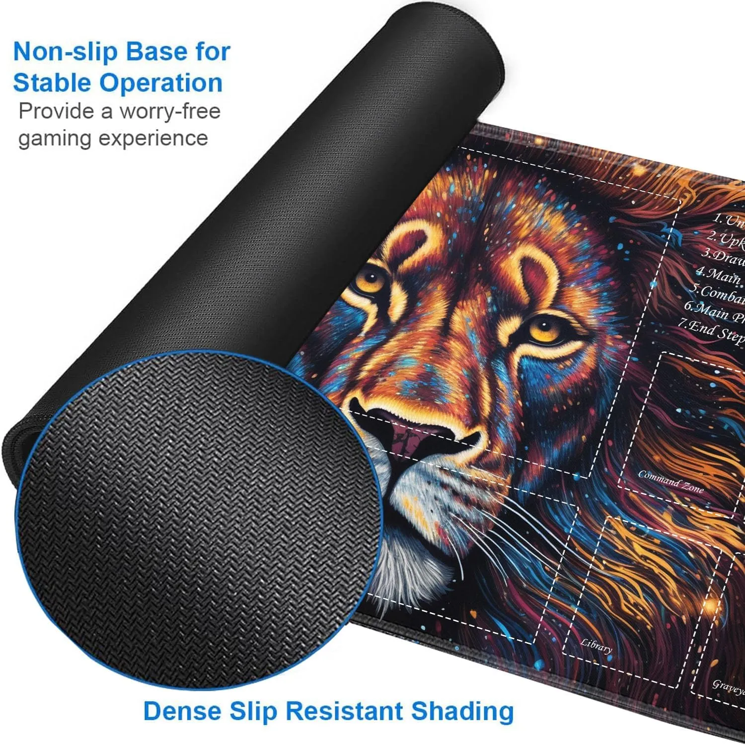 JVGFYNKL for TCG Playmat, Playmat with Zones, 24x14 in Non-Slip Rubber for MTG Playmat with Drawstring Travel Pouch and 6 Dice, Splash Paint Lion for MTG Mat, Card Game Playmats