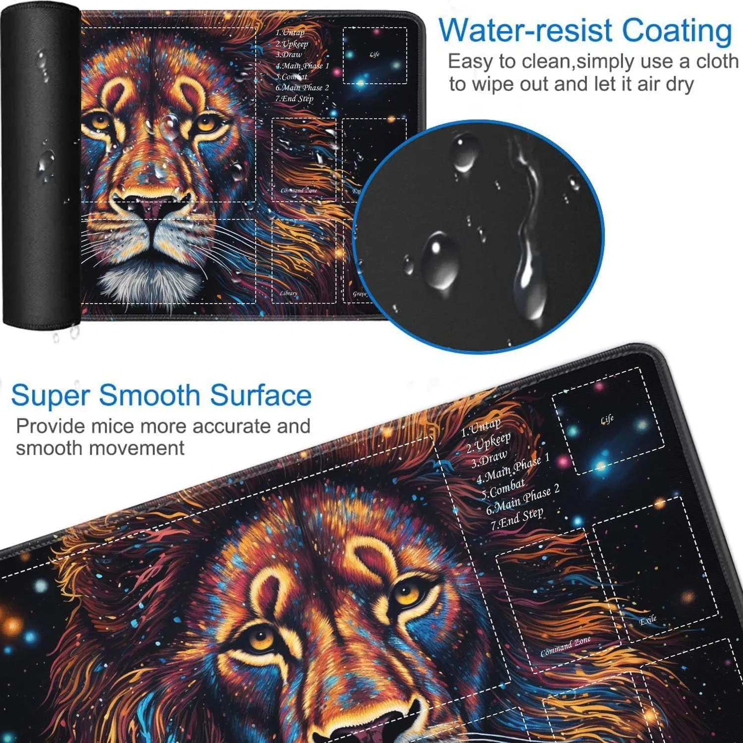JVGFYNKL for TCG Playmat, Playmat with Zones, 24x14 in Non-Slip Rubber for MTG Playmat with Drawstring Travel Pouch and 6 Dice, Splash Paint Lion for MTG Mat, Card Game Playmats