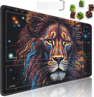 JVGFYNKL for TCG Playmat, Playmat with Zones, 24x14 in Non-Slip Rubber for MTG Playmat with Drawstring Travel Pouch and 6 Dice, Splash Paint Lion for MTG Mat, Card Game Playmats