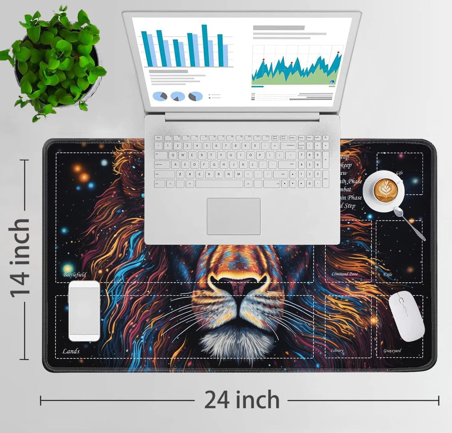 JVGFYNKL for TCG Playmat, Playmat with Zones, 24x14 in Non-Slip Rubber for MTG Playmat with Drawstring Travel Pouch and 6 Dice, Splash Paint Lion for MTG Mat, Card Game Playmats