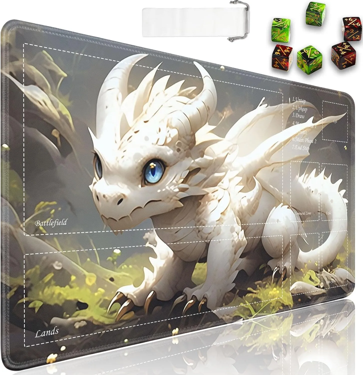 JVGFYNKL for TCG Playmat, Playmat with Zones, 24x14 in Non-Slip Rubber for MTG Playmat with Drawstring Travel Pouch and 6 Dice, White and Gold Baby Dragon for MTG Mat, Card Game Playmats