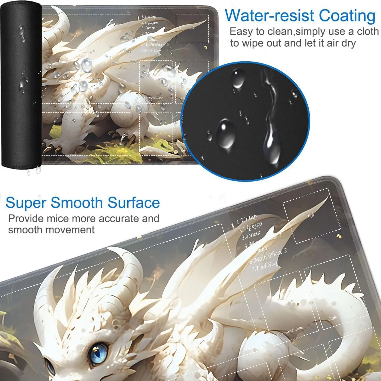 JVGFYNKL for TCG Playmat, Playmat with Zones, 24x14 in Non-Slip Rubber for MTG Playmat with Drawstring Travel Pouch and 6 Dice, White and Gold Baby Dragon for MTG Mat, Card Game Playmats