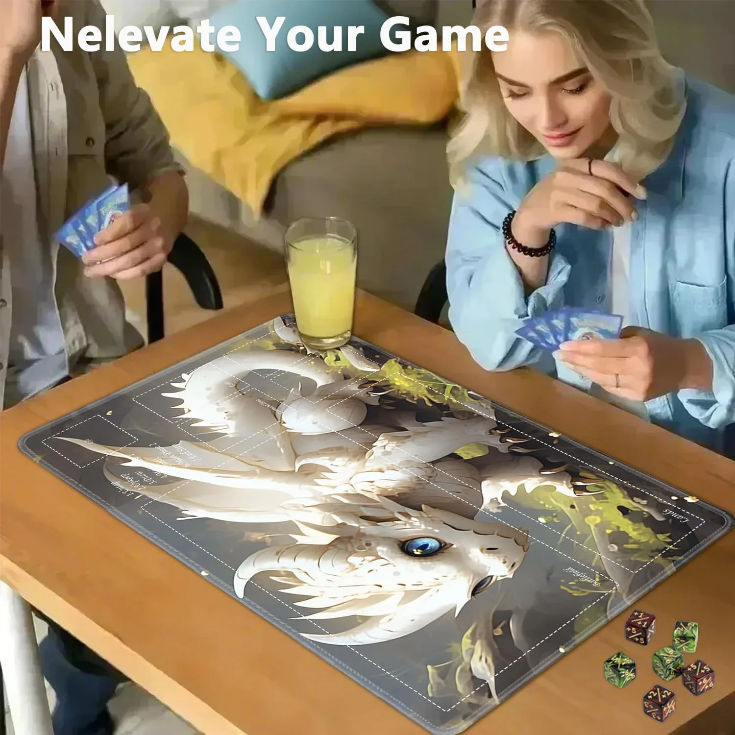 JVGFYNKL for TCG Playmat, Playmat with Zones, 24x14 in Non-Slip Rubber for MTG Playmat with Drawstring Travel Pouch and 6 Dice, White and Gold Baby Dragon for MTG Mat, Card Game Playmats