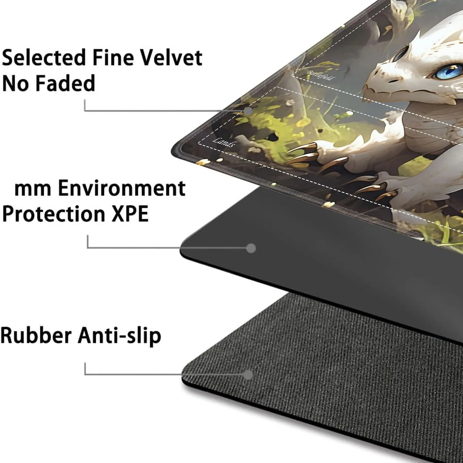 JVGFYNKL for TCG Playmat, Playmat with Zones, 24x14 in Non-Slip Rubber for MTG Playmat with Drawstring Travel Pouch and 6 Dice, White and Gold Baby Dragon for MTG Mat, Card Game Playmats