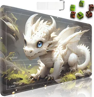 JVGFYNKL for TCG Playmat, Playmat with Zones, 24x14 in Non-Slip Rubber for MTG Playmat with Drawstring Travel Pouch and 6 Dice, White and Gold Baby Dragon for MTG Mat, Card Game Playmats