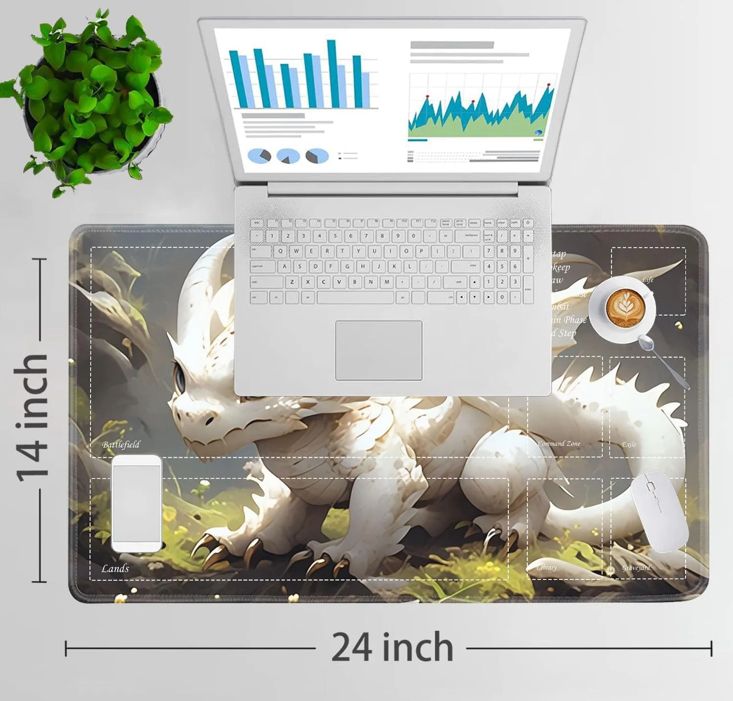 JVGFYNKL for TCG Playmat, Playmat with Zones, 24x14 in Non-Slip Rubber for MTG Playmat with Drawstring Travel Pouch and 6 Dice, White and Gold Baby Dragon for MTG Mat, Card Game Playmats