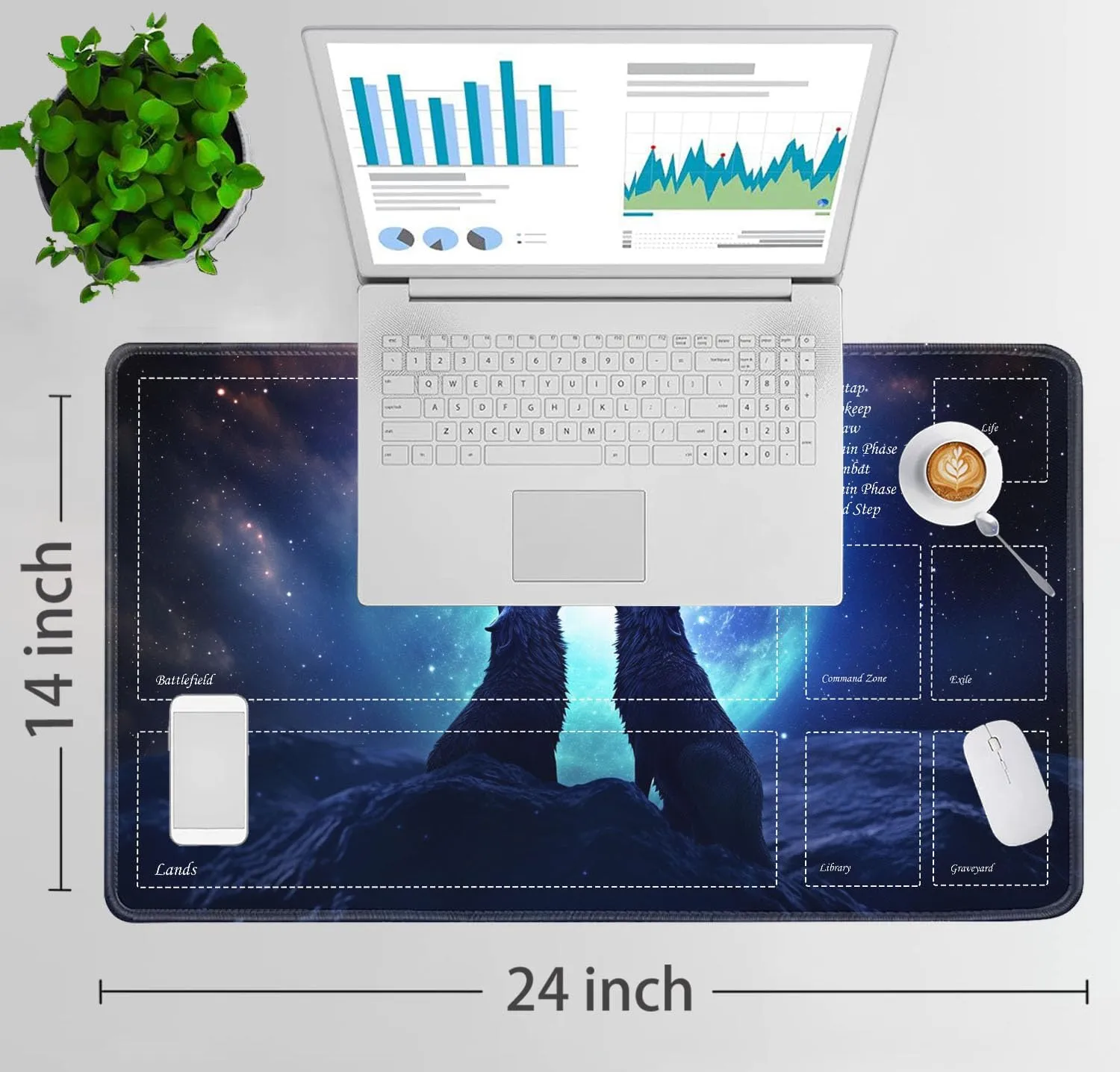 JVGFYNKL for TCG Playmat, Playmat with Zones, 24x14 in Non-Slip Rubber for MTG Playmat with Drawstring Travel Pouch and 6 Dice, Wolf Dragon Aurora Night for MTG Mat, Card Game Playmats