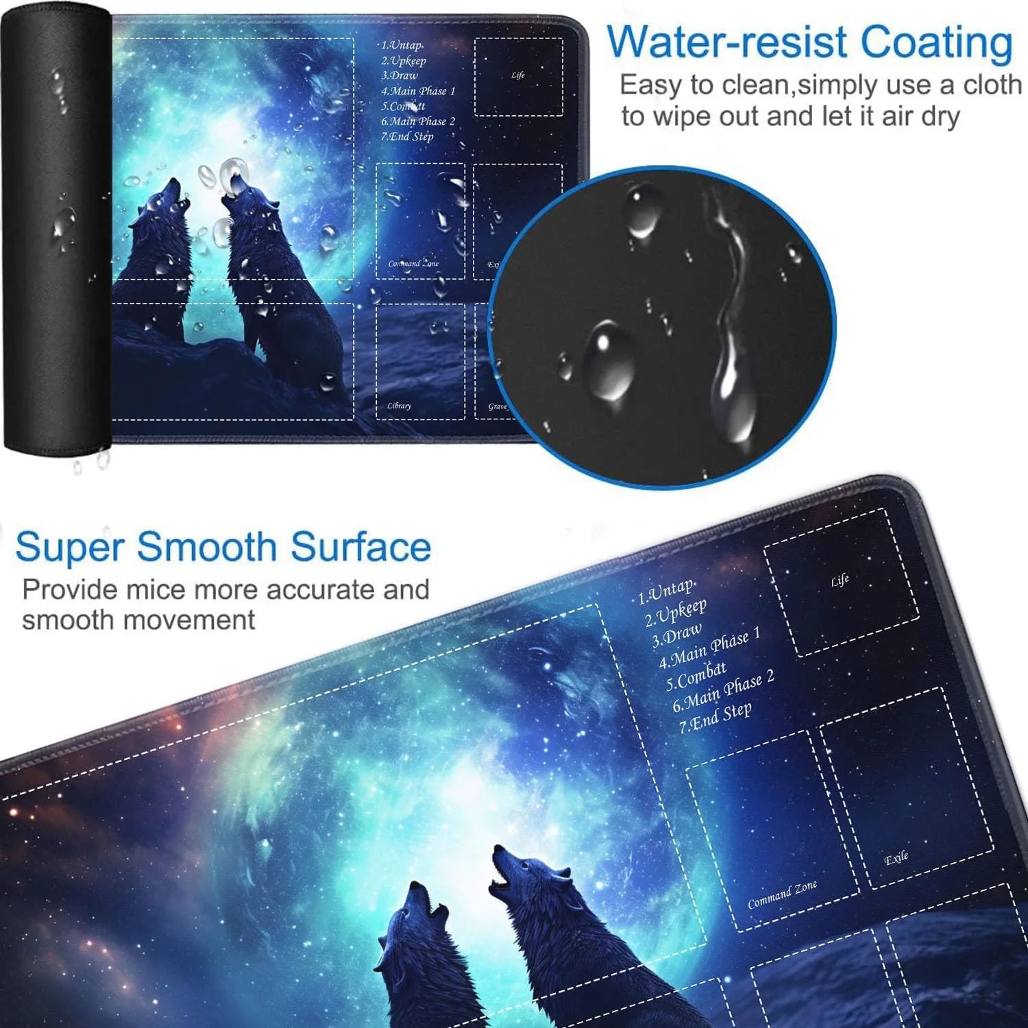 JVGFYNKL for TCG Playmat, Playmat with Zones, 24x14 in Non-Slip Rubber for MTG Playmat with Drawstring Travel Pouch and 6 Dice, Wolf Dragon Aurora Night for MTG Mat, Card Game Playmats